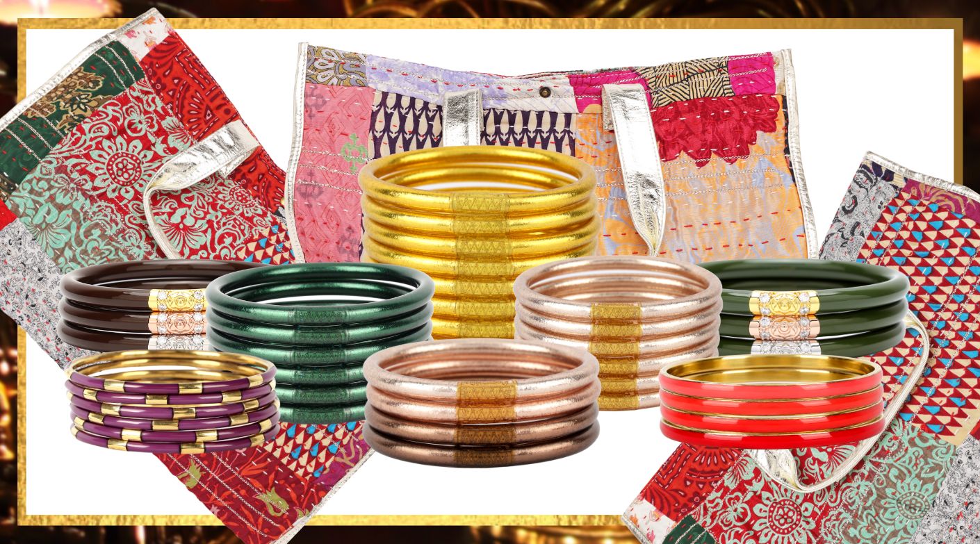 BuDhaGirl Fawn All Weather Bangles, Krishna Bangles in Coral, Veda Bangles in Amethyst, Jade 3 Kings All Weather Bangles, Sari Tote, Chocolate 3 Kings All Weather Bangles, Frond All Weather Bangles, Champagne All Weather Bangles | BuDhaBrief by BuDhaGirl