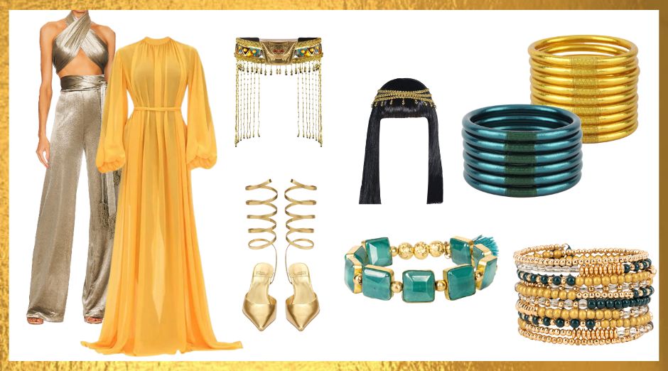 Gold Jumpsuit, Gold flowing dress, Cleopatra wig with golden accents, Gold strappy heels, BudhaGirl Novena Bracelet, Plume AWB, BuDhaGirl Gold AWB bracelets, Valentina Wrap bracelet, Gold tasseled chain belt | BuDhaBrief by BuDhaGirl