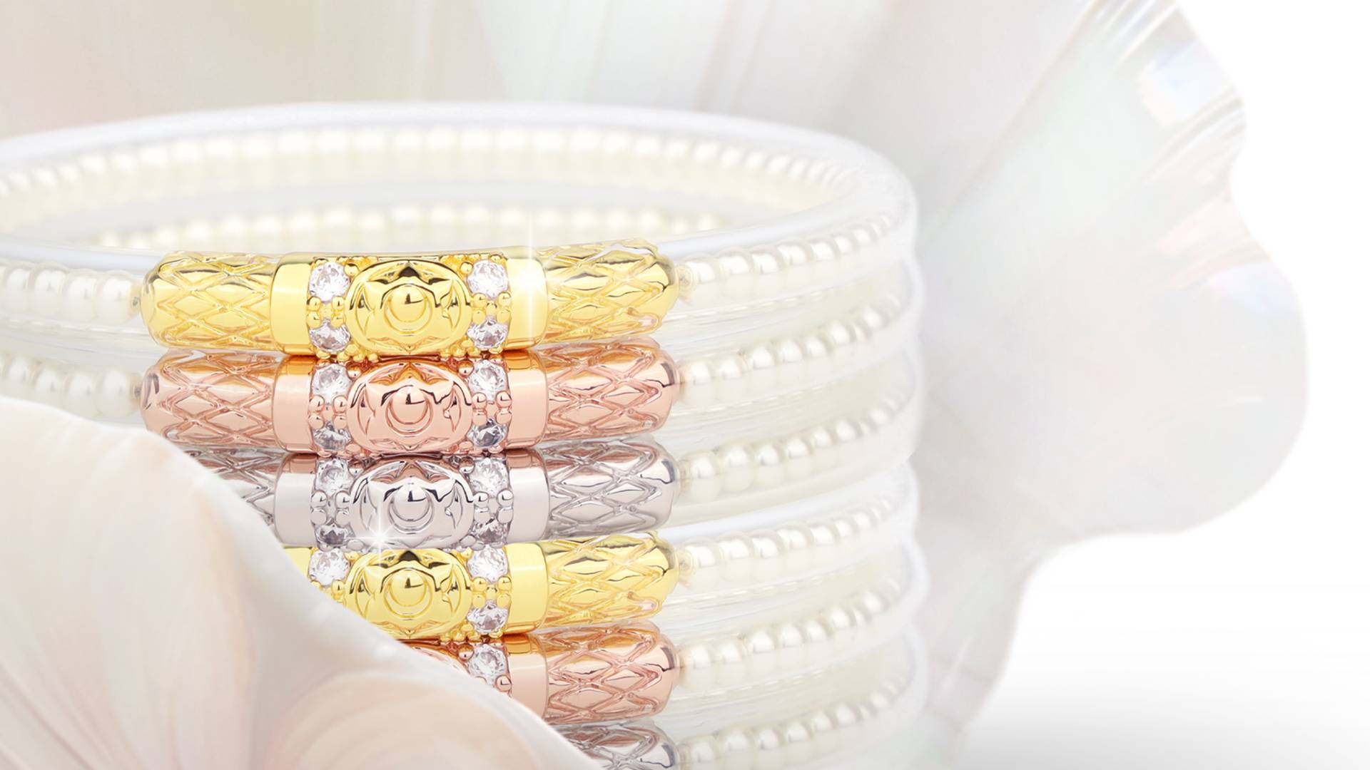 White Pearl Three Queens All Weather Bangle Bracelets Inside White Shell | BuDhaGirl