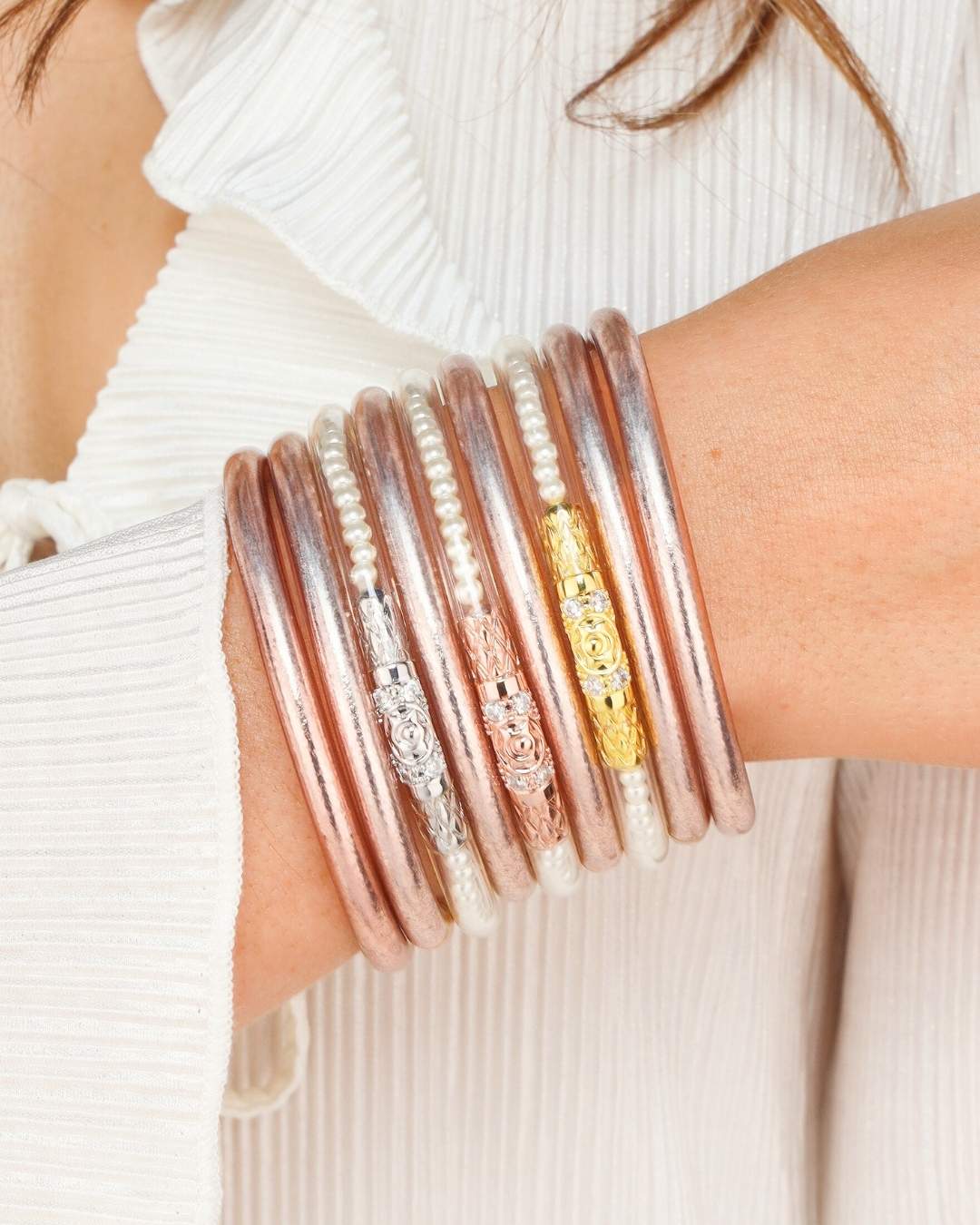 Champagne All Weather Bangle Bracelets and White Pearl Three Queens All Weather Bangle Bracelets for Women | BuDhaGirl