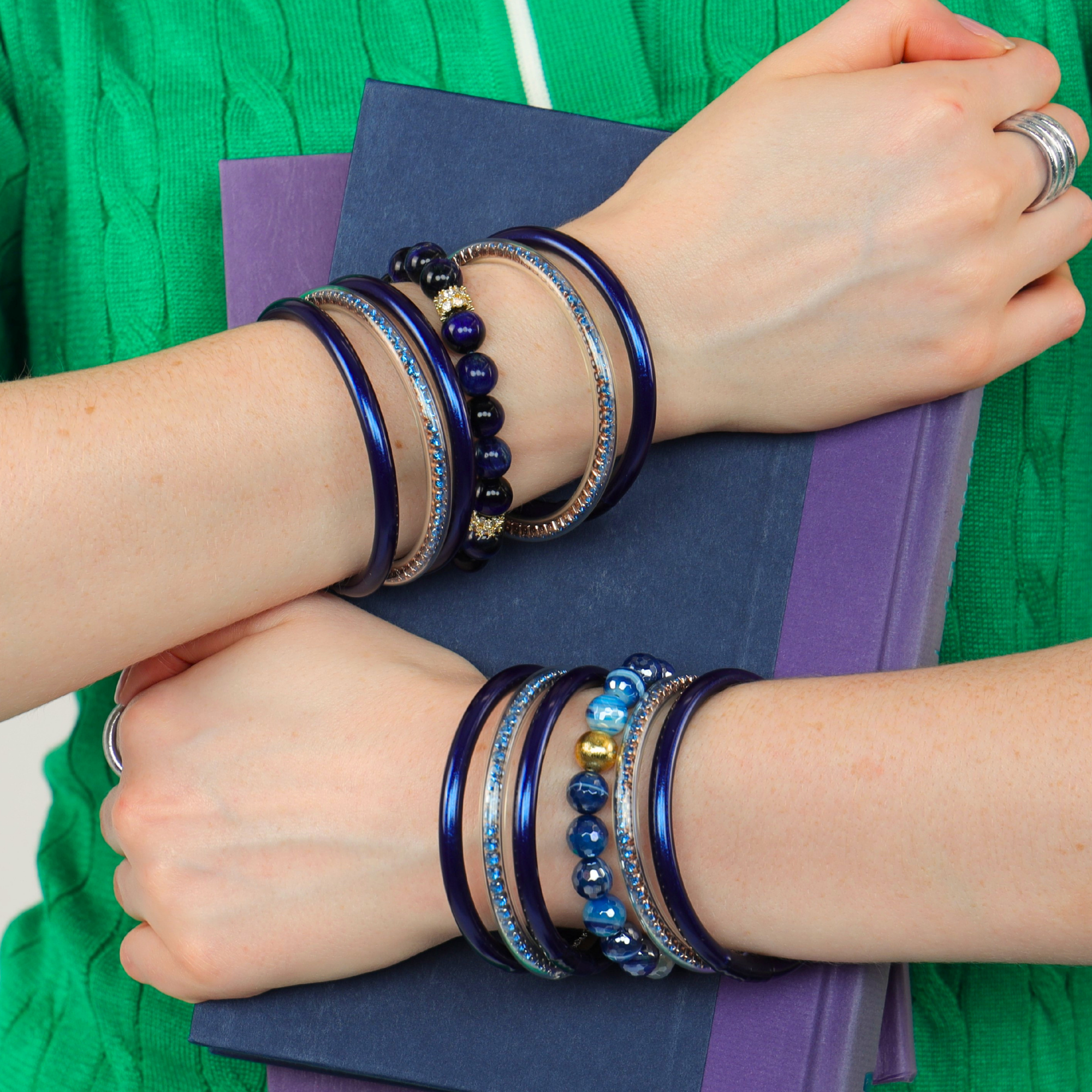Midnight All Weather Bangles® (Set of 3) - Serenity Prayer worn with vibrant green sweater.