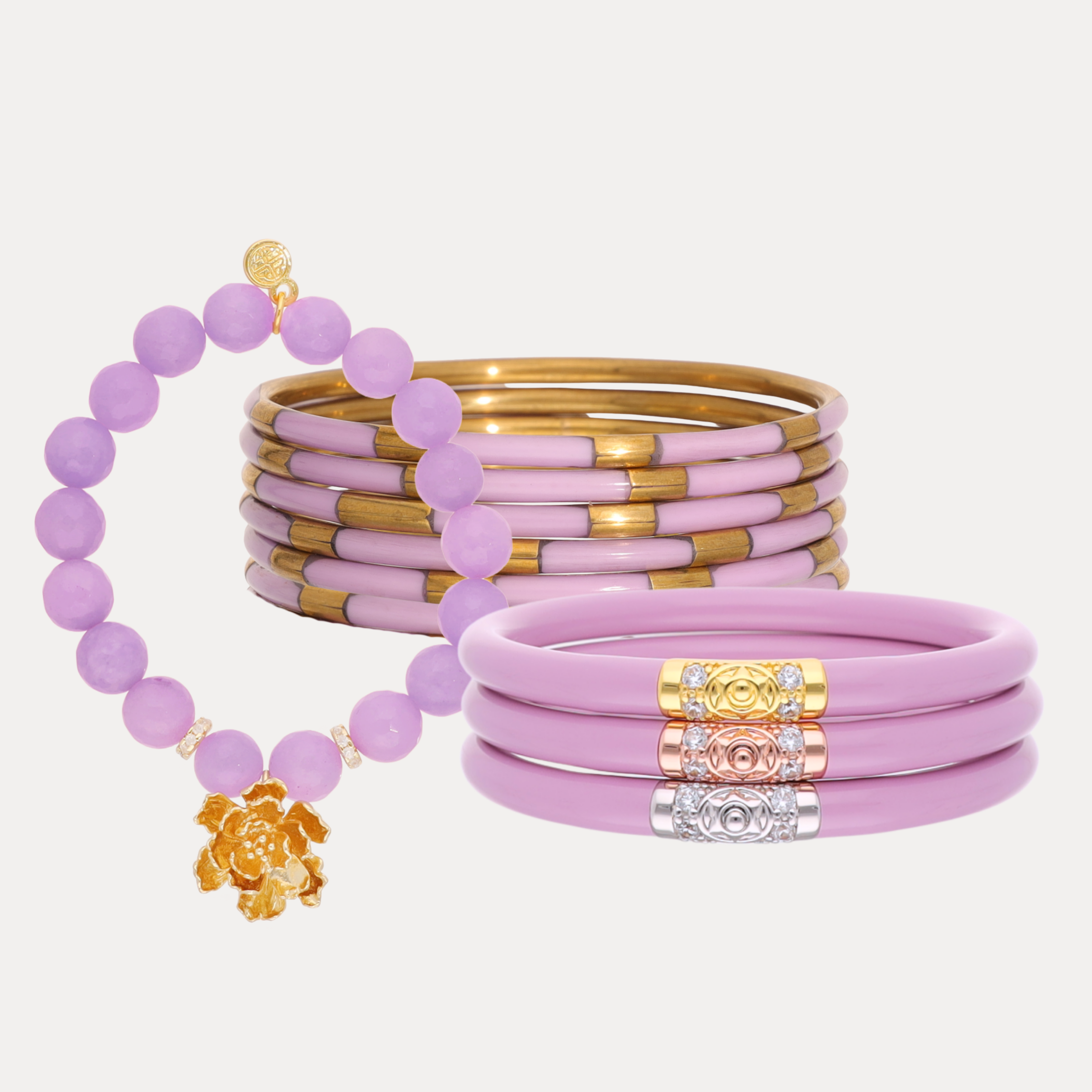 a group of bracelets and necklaces