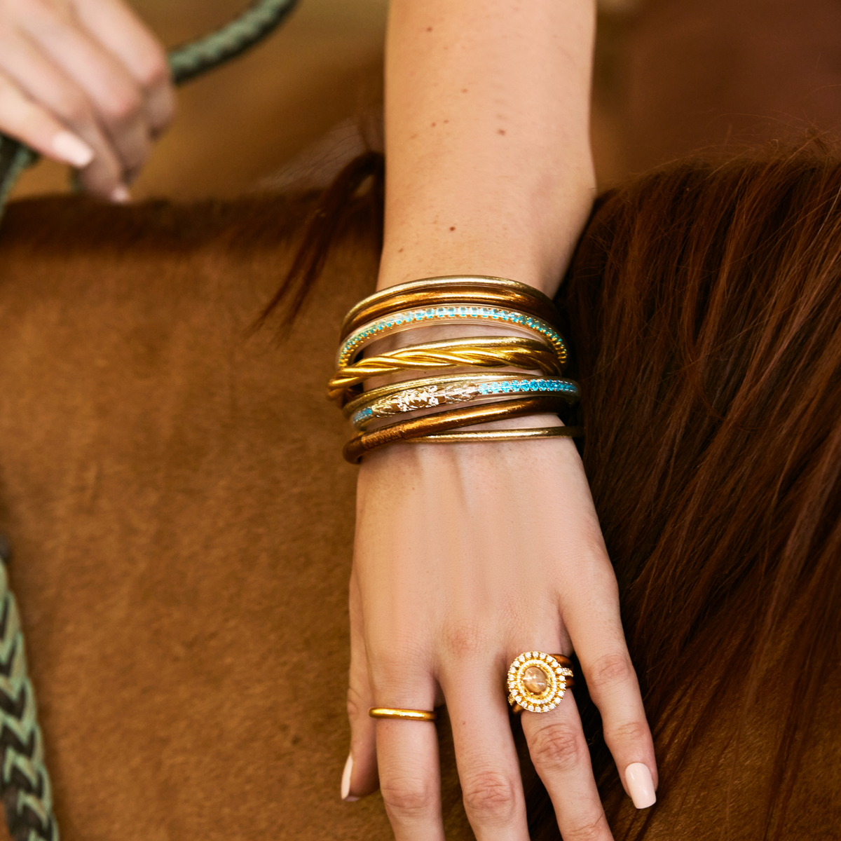 a hand with bracelets on a horse