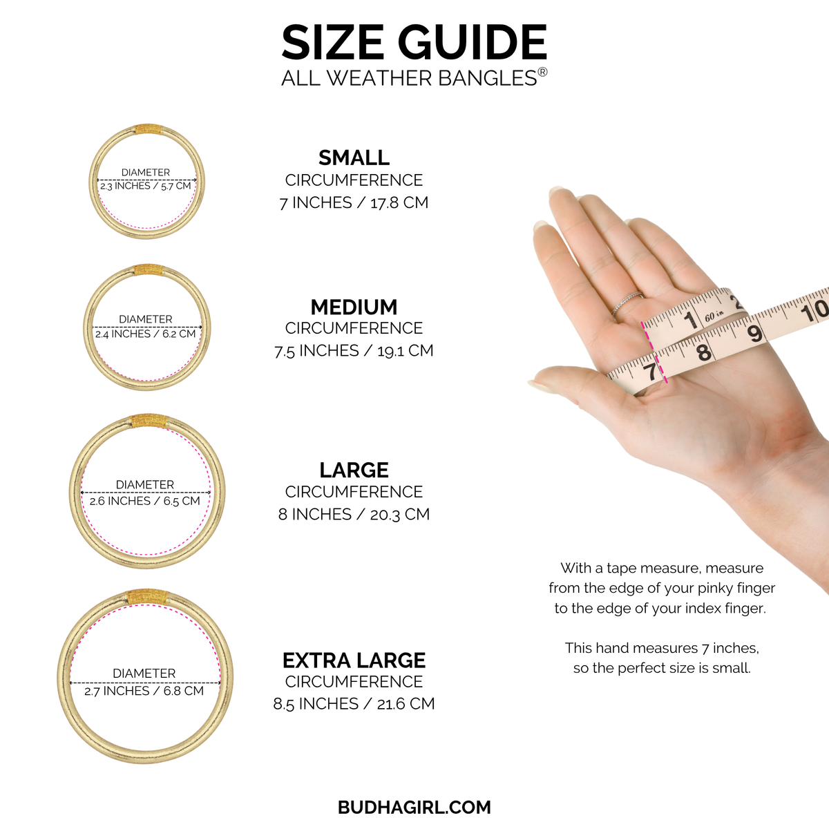 Size guide for jewelry with hand and tape measure illustration.