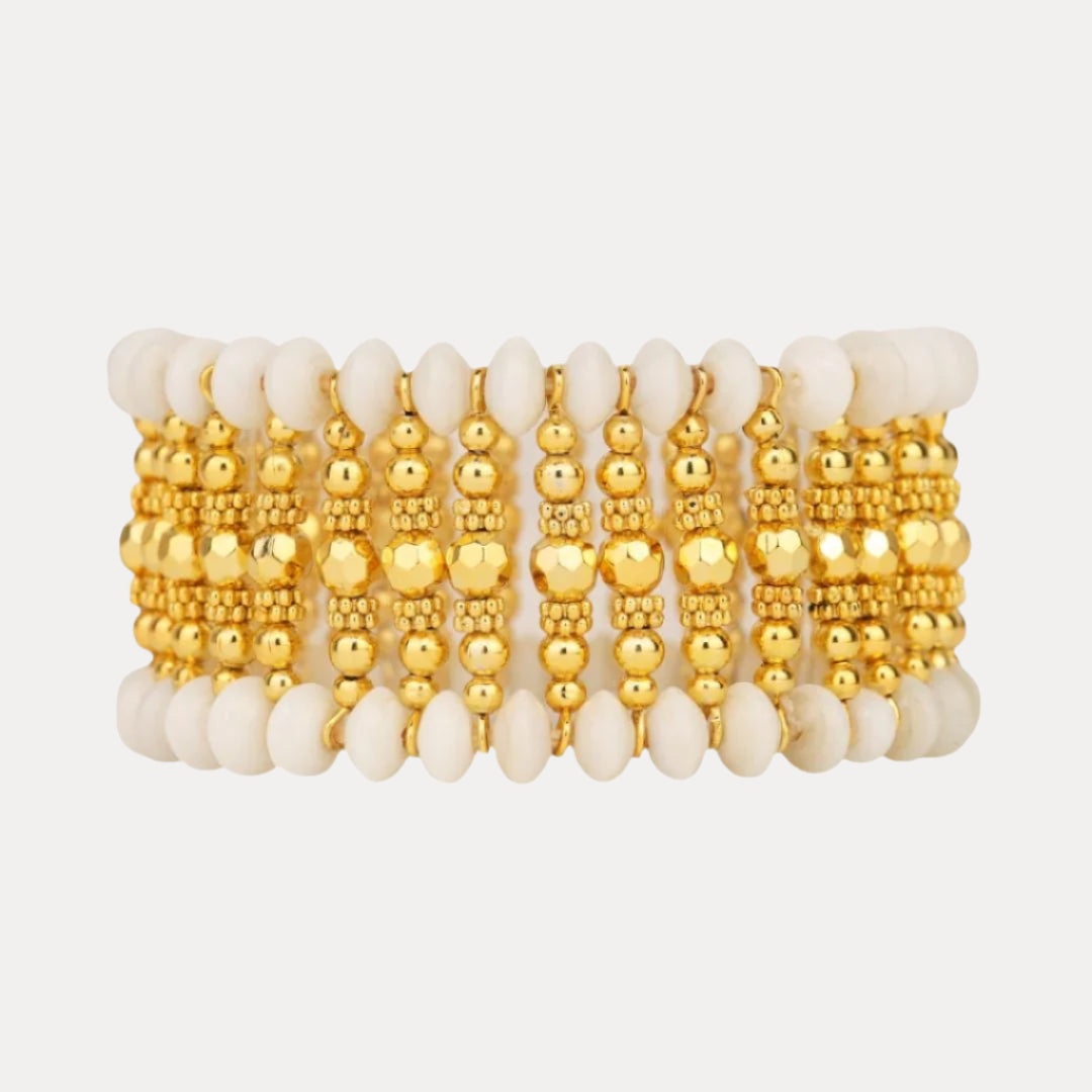 Tuskara Gold Stretch Bracelet | White & Gold Beaded Jewelry | BuDhaGirl
