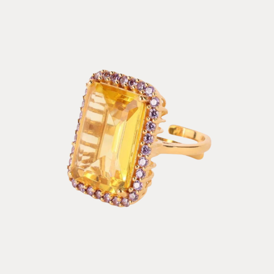 Citrine with Amethyst Crystal Faceted Crystal Cabochon With Gemstones - Nebula Ring | BuDhaGirl