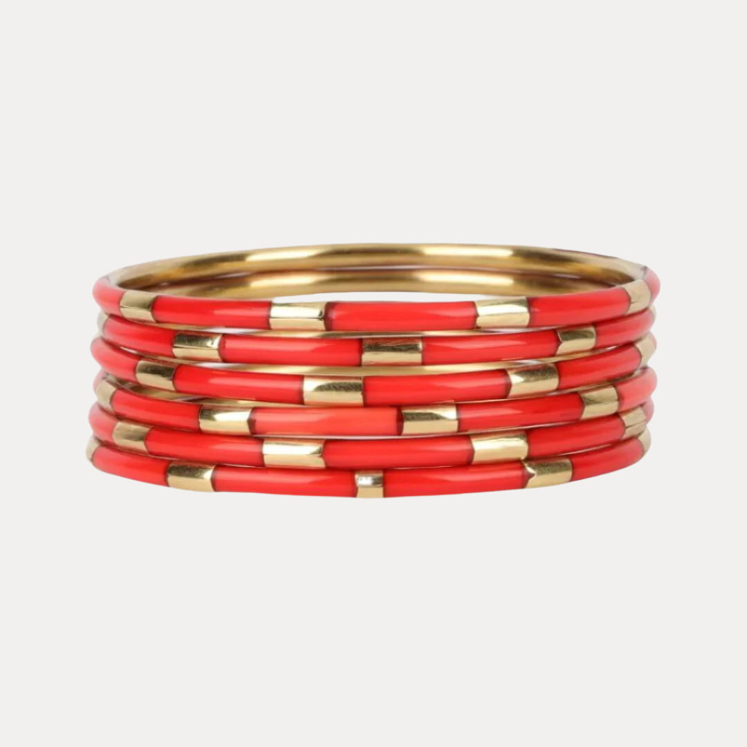 Coral Enamel Veda Bangle Bracelets - Set of 6