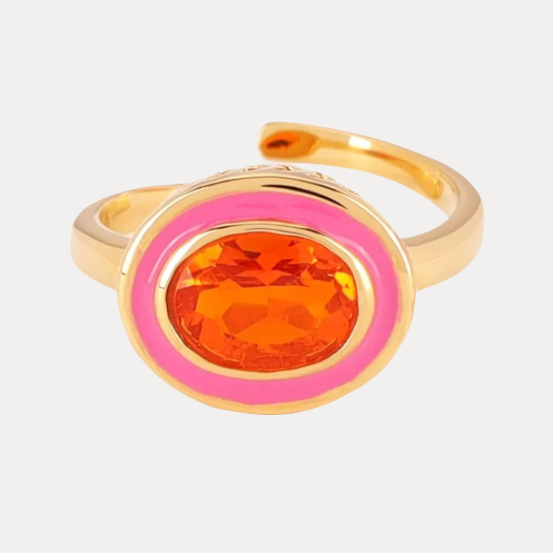 Orange Pink Faceted Crystal Cabochon Orb Enamel Bezel Galaxy Ring | BuDhaGirl