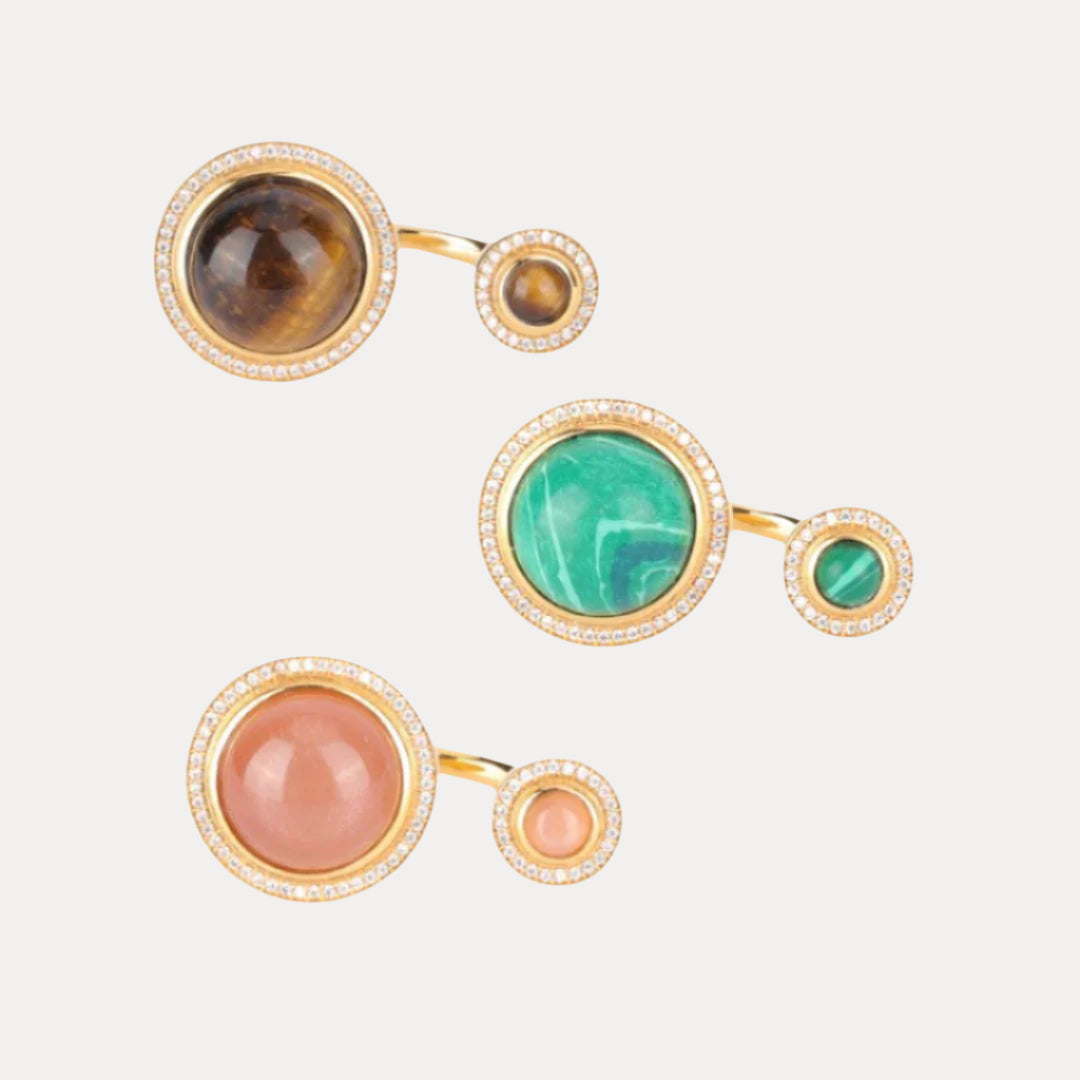 Malachite/Peach Moonstone/Tiger Eye Maxi Orbit Adjustable Size Ring | BuDhaGirl