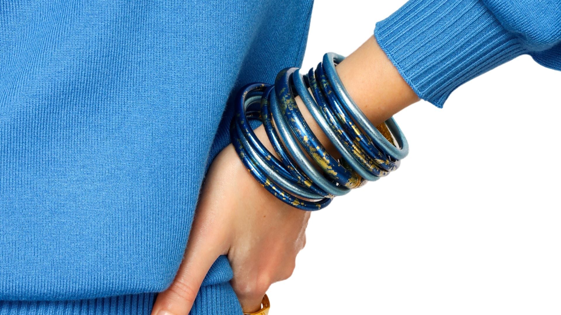 Bestsellers Collection Banner Featuring Woman Wearing Blue Bangle Bracelet Stack | BuDhaGirl