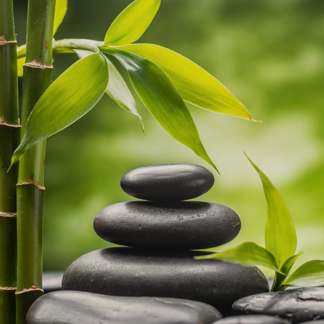 a stack of black stones with bamboo leaves