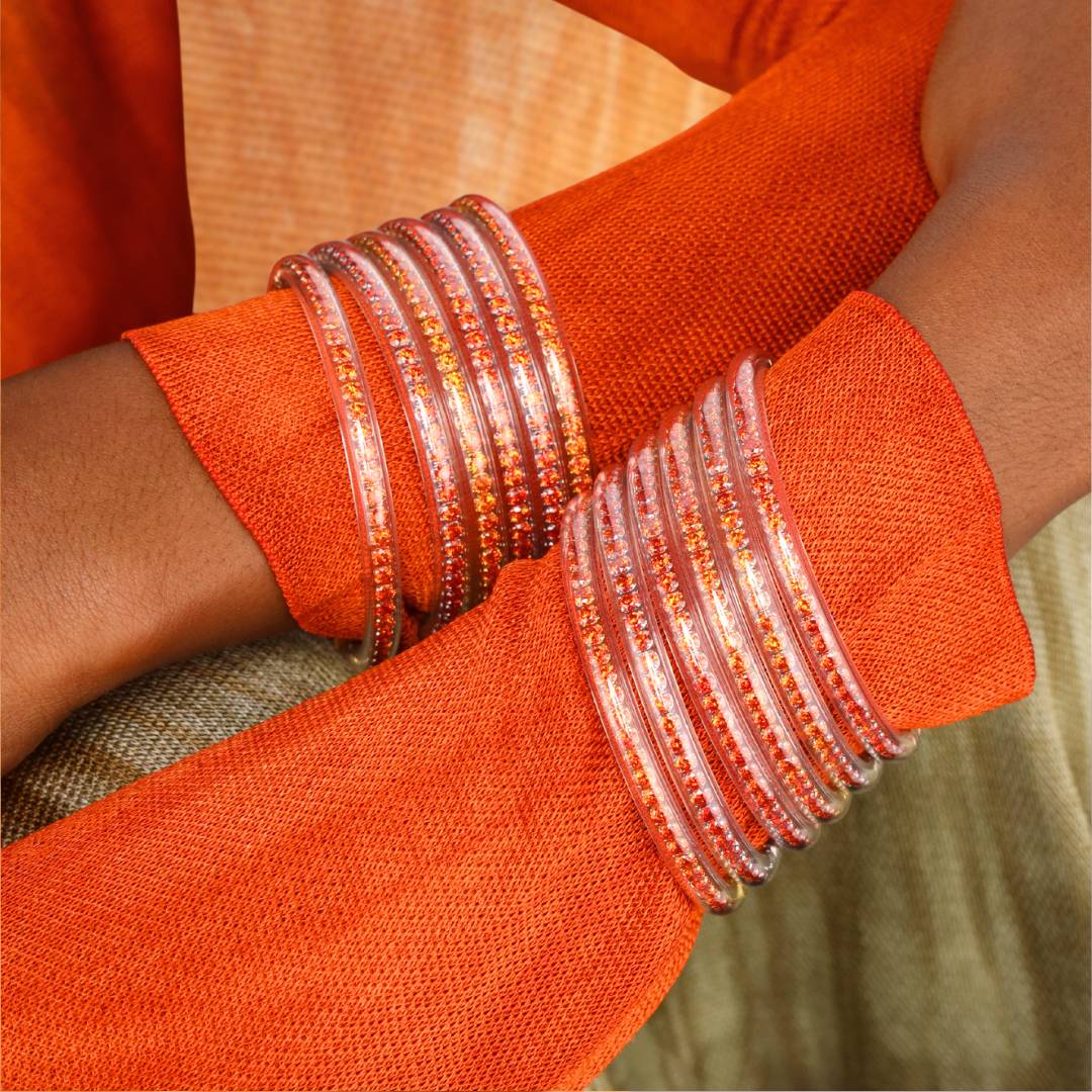 Orange Crystal Gemstone Flame Three Queens All Weather Bangle Bracelets on Model Wearing Orange Ombre Dress | BuDhaGirl