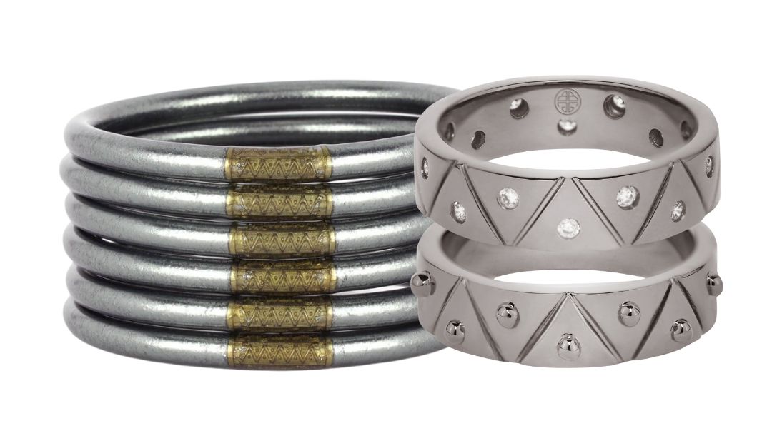Graphite All Weather Bangle Bracelets and Gunmetal Feel and Light Serenity Rings | BuDhaGirl