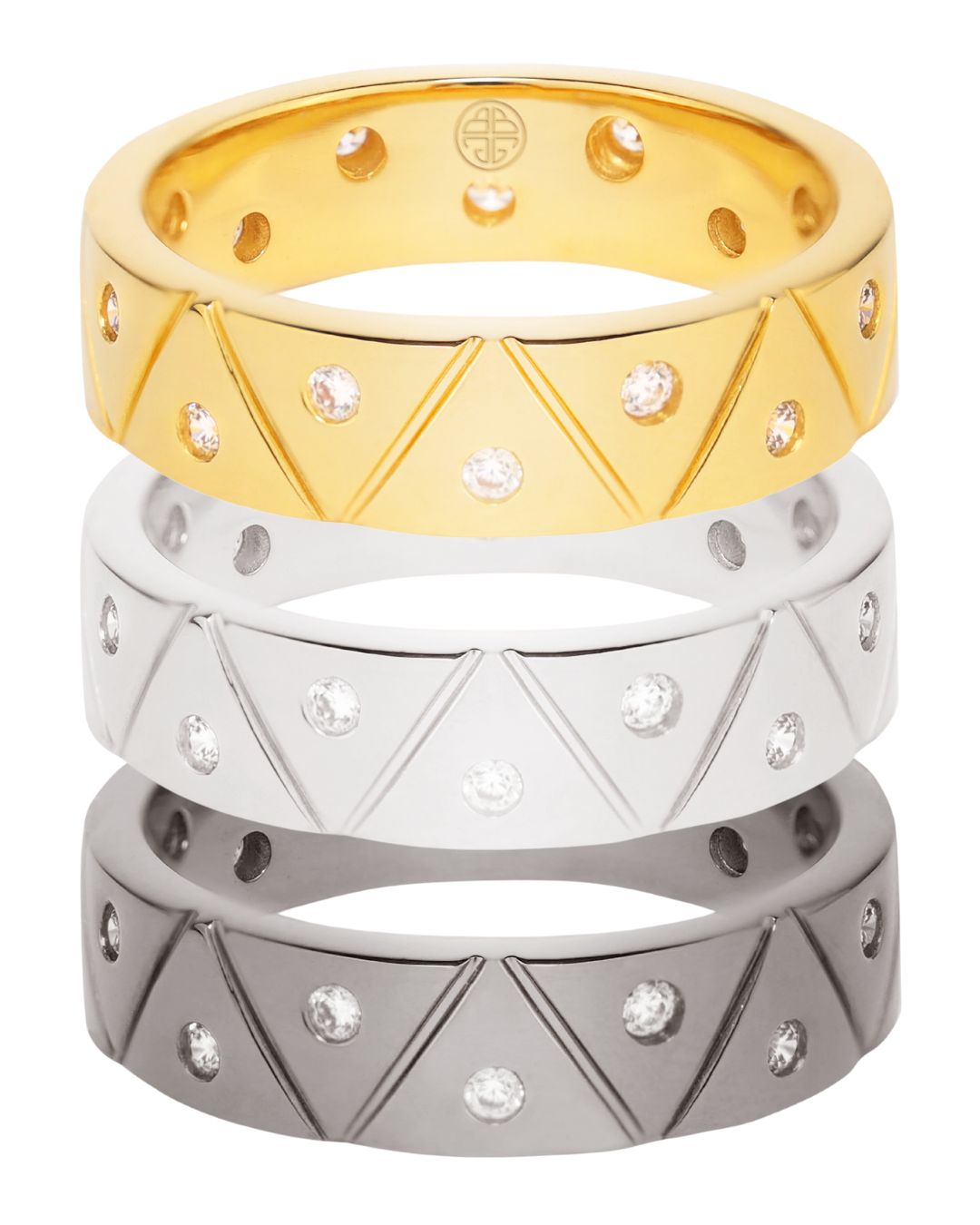 Light Serenity Rings in 22kt Gold, Palladium Light Silver, and Palladium Dark Gunmetal with Crystal Dots | BuDhaGirl