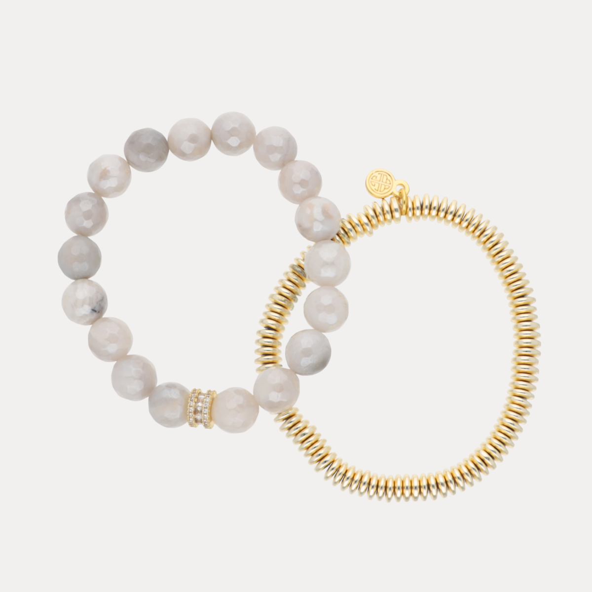 BuDhaGirl Mist bracelet set with faceted cloudy gray gemstone beads and a gold tone coiled bangle bracelet for women