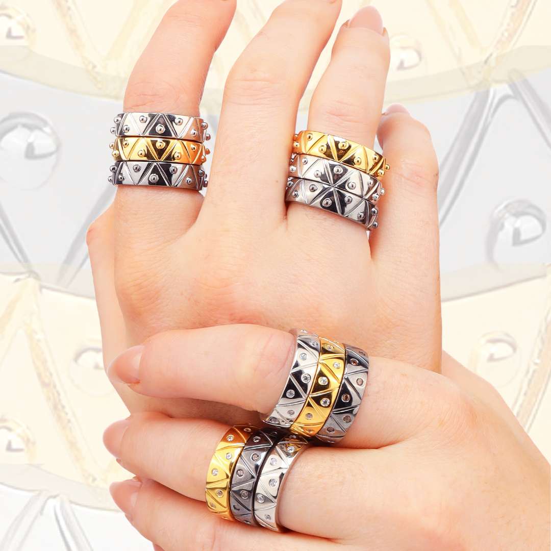 Serenity Rings in 22kt Gold, Palladium Light Silver, and Palladium Dark Gunmetal with Bindi Dots | BuDhaGirl