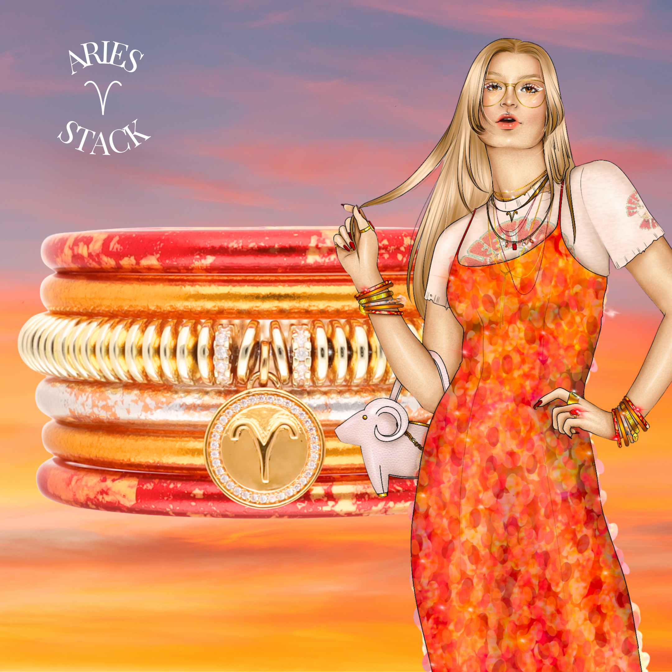 Stack of bracelets with 'Aries Stack' branding against a colorful sky background