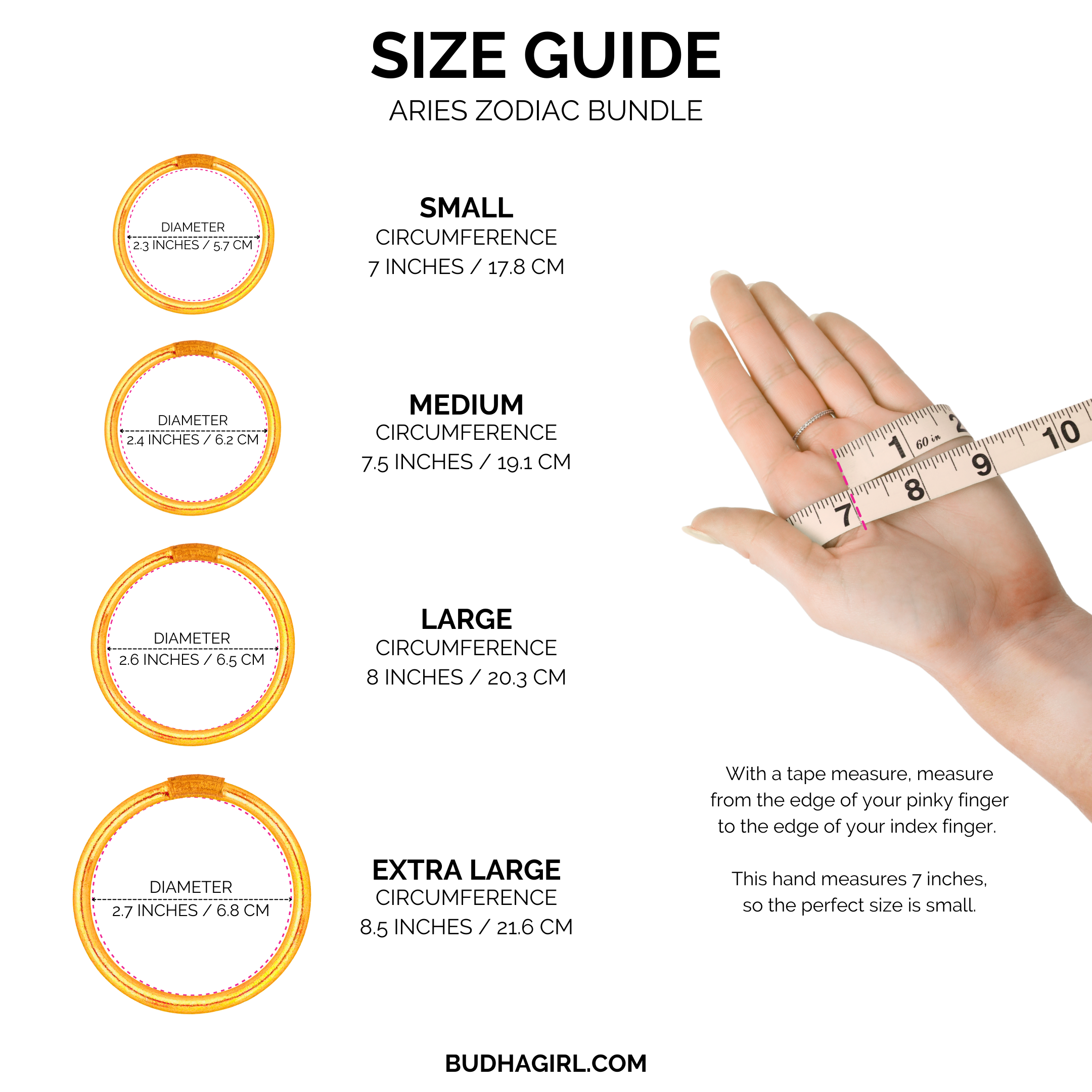 Size guide for Aries zodiac stack with hand measurement and ring sizes.
