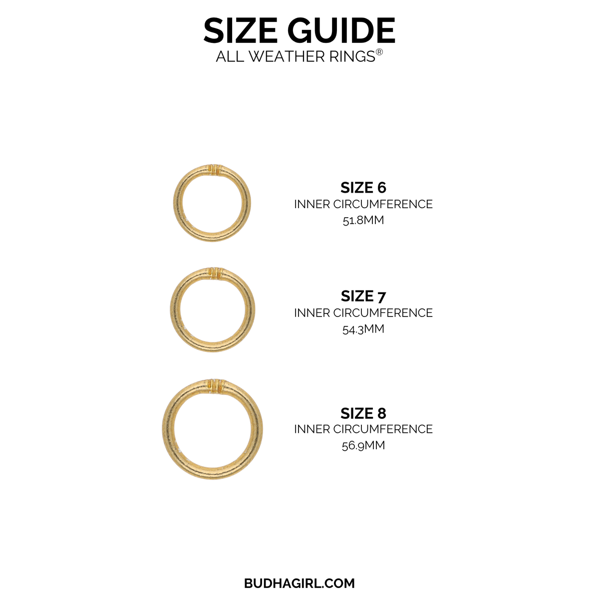 A size guide graphic for All Weather Rings 