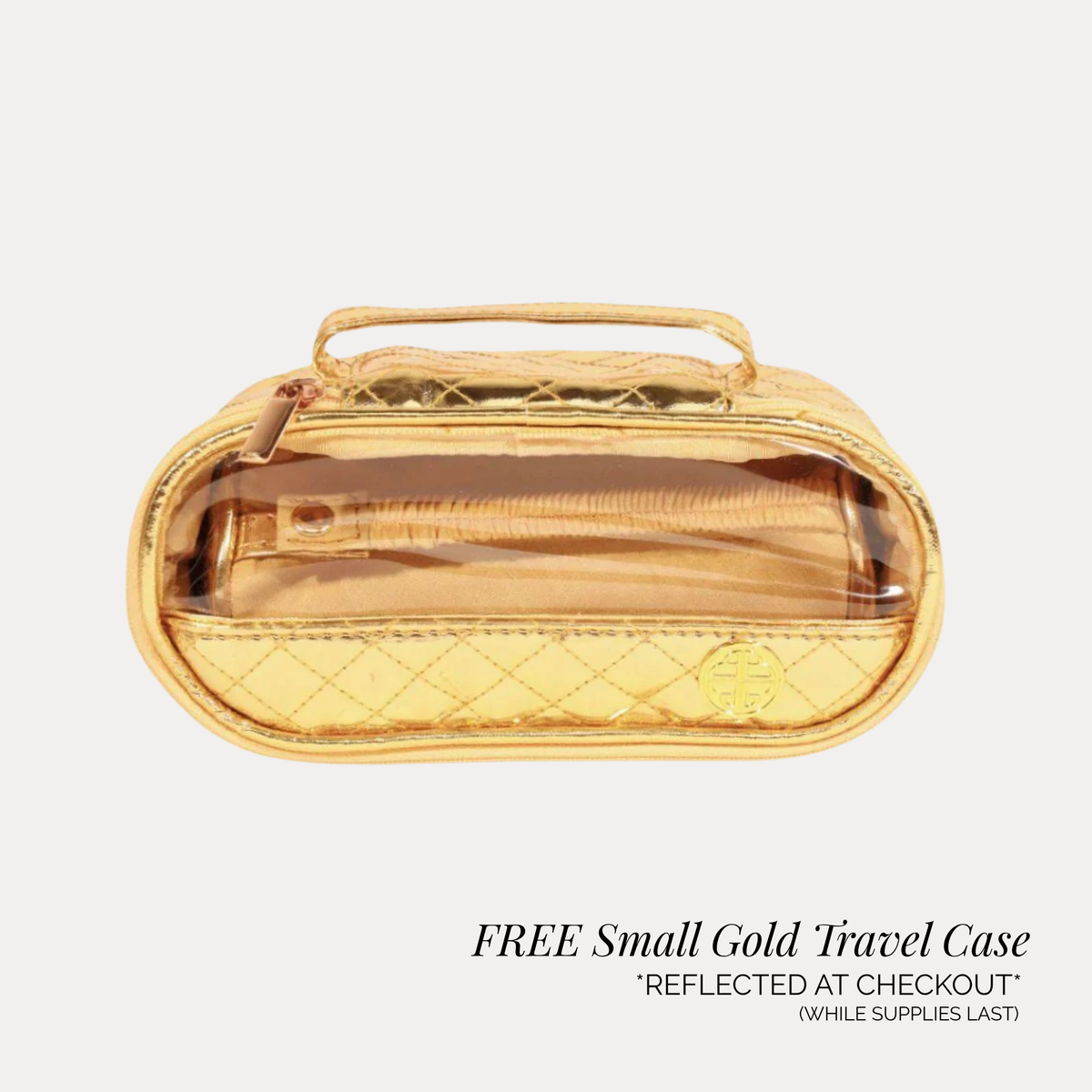 A small gold quilted travel case with a clear front window and top handle, shown on a light gray background with promotional text below reading 'FREE Small Gold Travel Case' and 'REFLECTED AT CHECKOUT'.