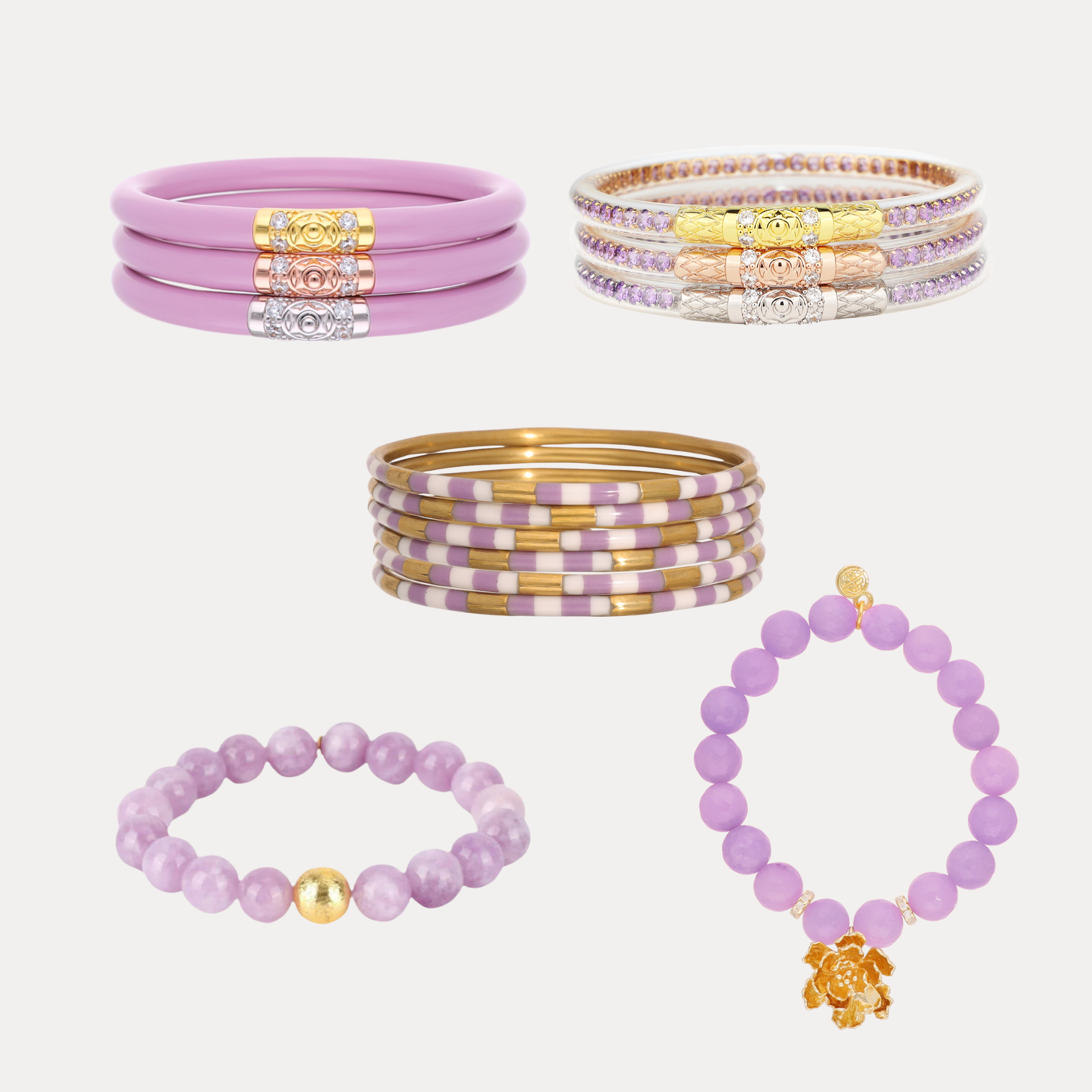 a group of purple bracelets