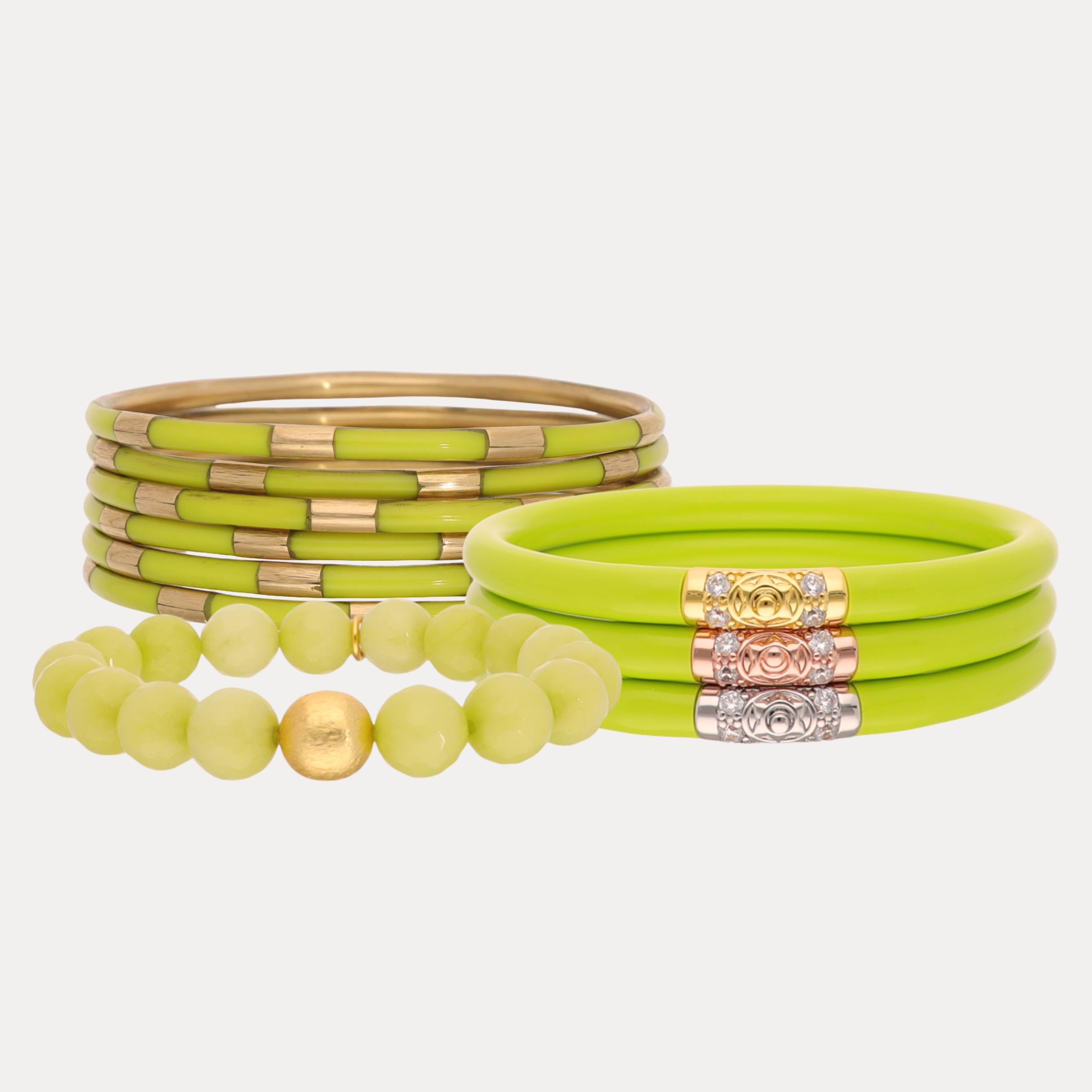 a group of green bracelets