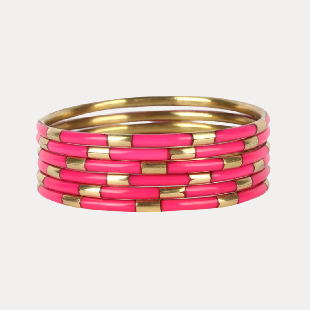 Pink Enamel Veda Bangle Bracelets - Set of 6