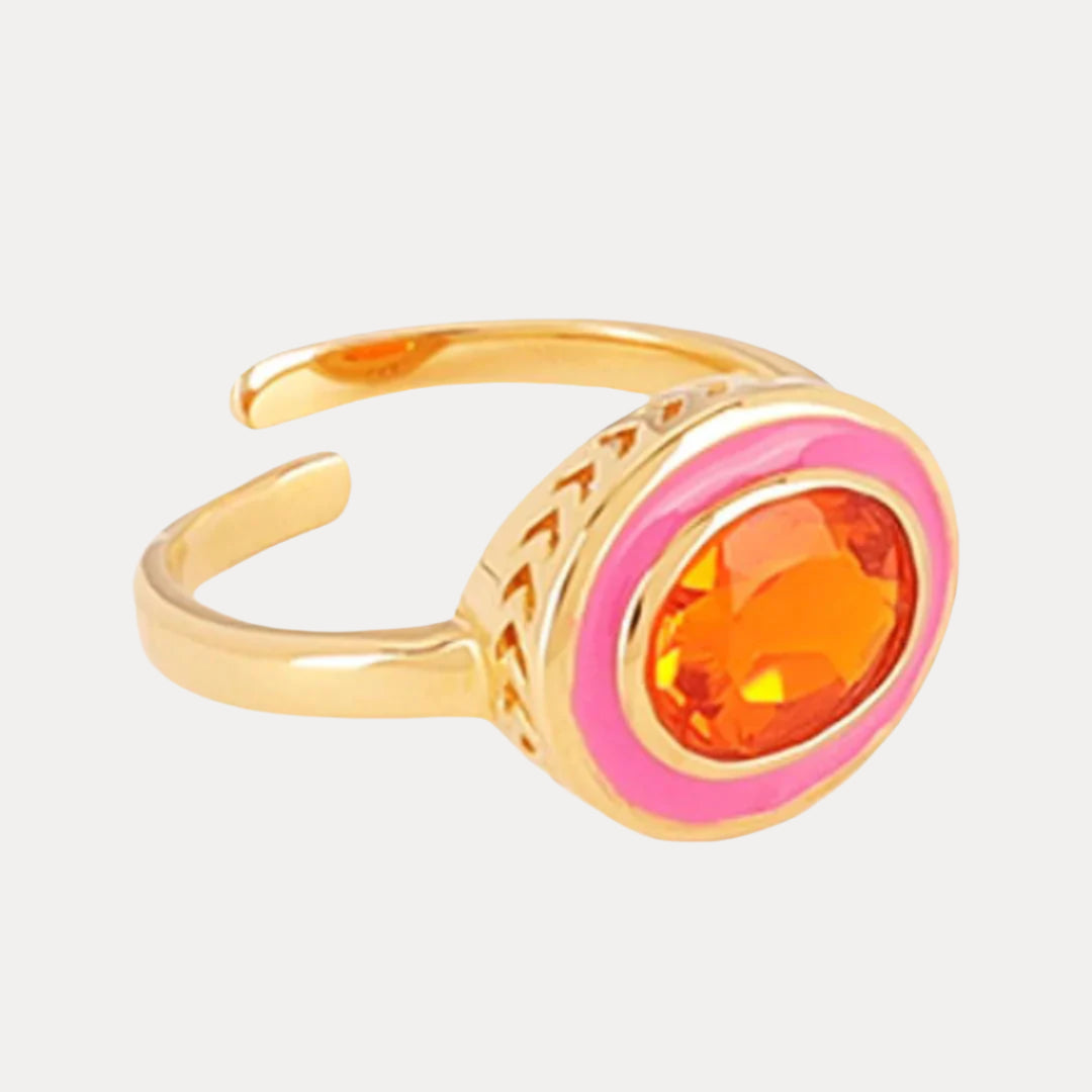 Orange Pink Faceted Crystal Cabochon Orb Enamel Bezel Galaxy Ring | BuDhaGirl