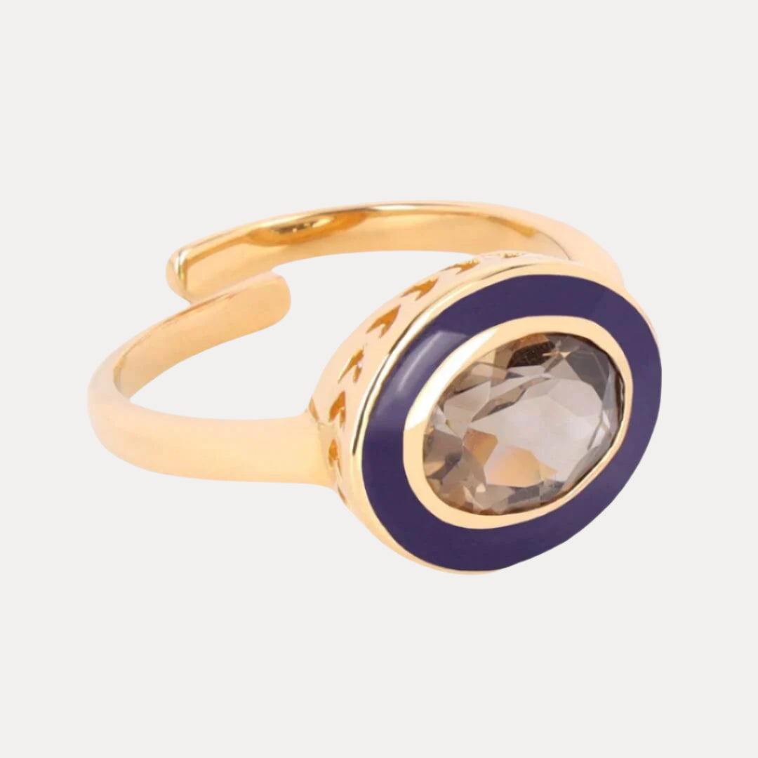 Navy Blue Smokey Crystal Faceted Crystal Cabochon Orb Enamel Bezel Galaxy Ring | BuDhaGirl