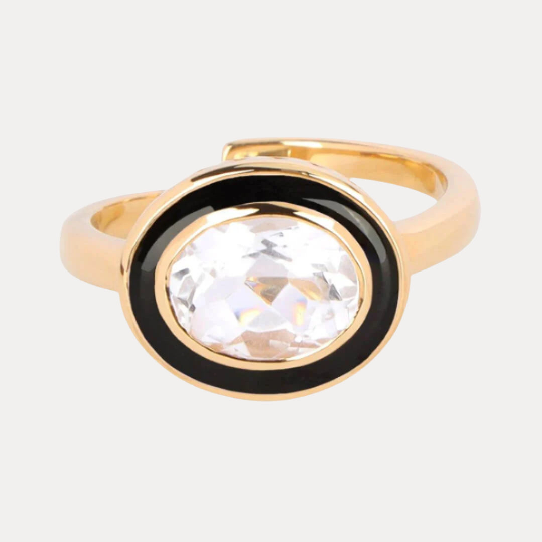 Black Clear Crystal Faceted Crystal Cabochon Orb Enamel Bezel Galaxy Ring | BuDhaGirl